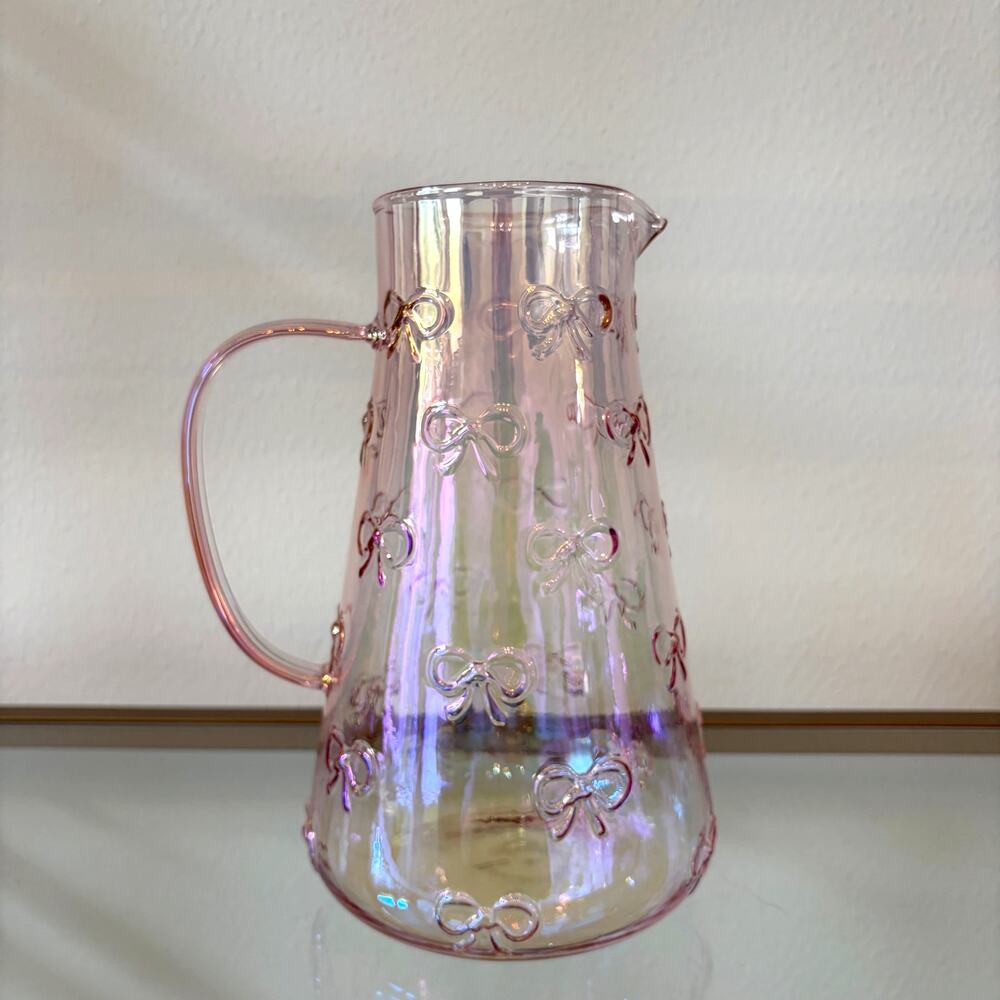 BellaLux Embossed Bow PINK Luster Glass Pitcher 9.25in Chic Barware NEW